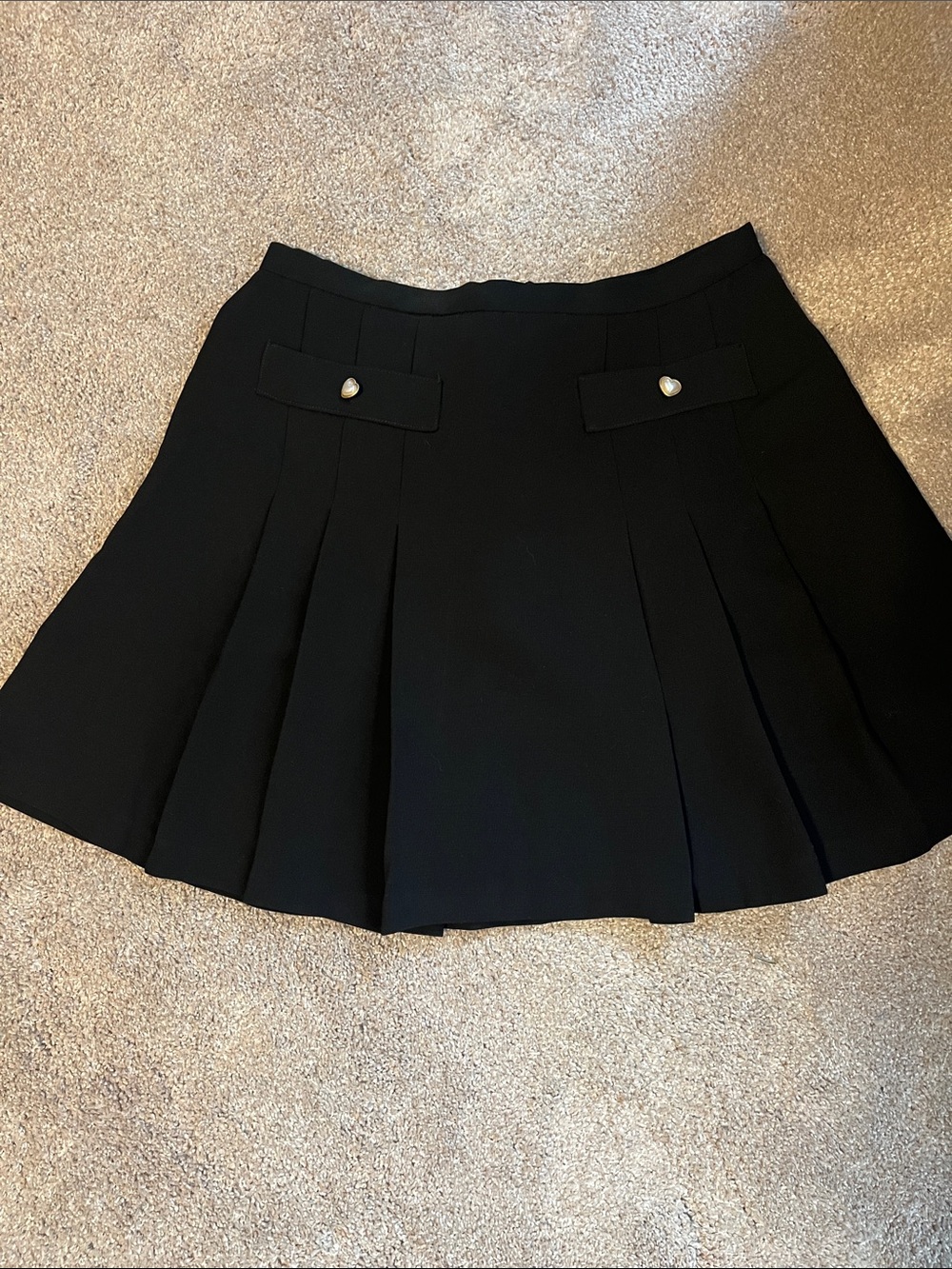 CeCe Black Pleated Skater Mini Skirt with Heart Buttons